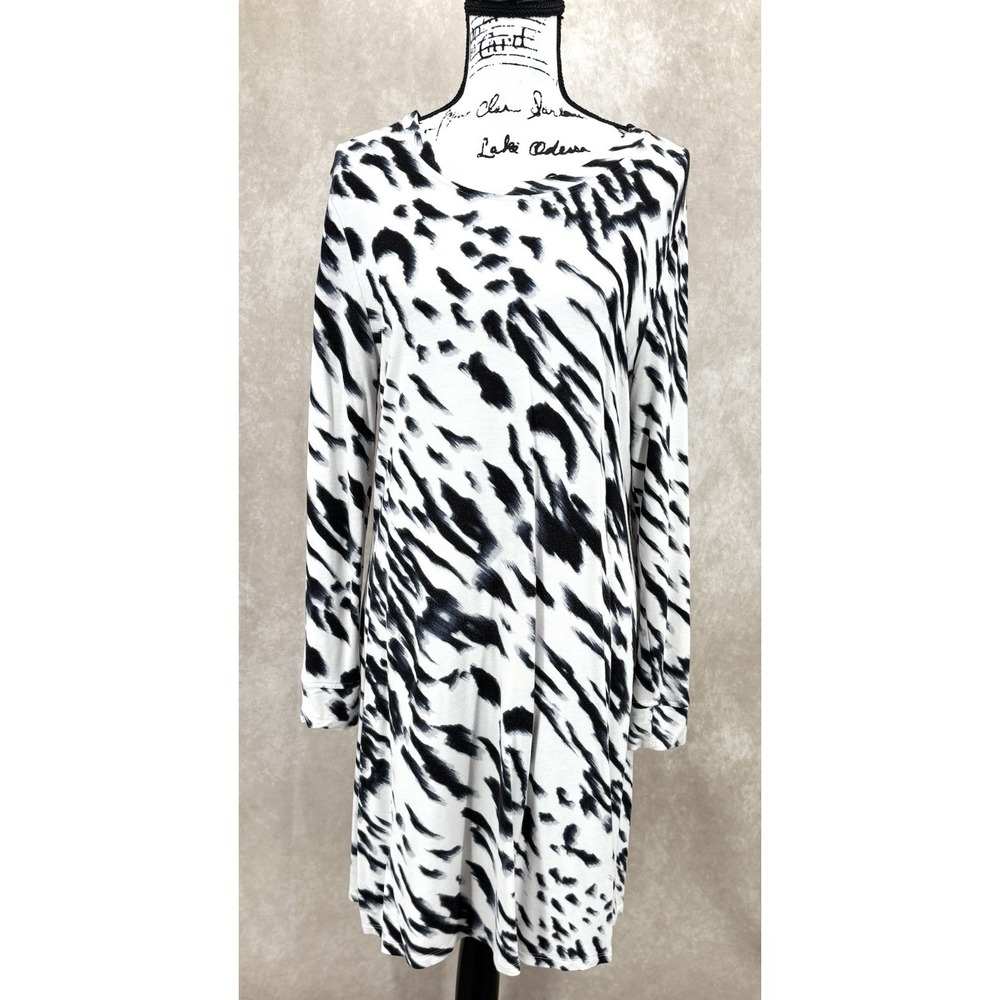 Pieces by Kensie Animal Print Swing Shirt Dress Size XL Black White Long Sleeve
